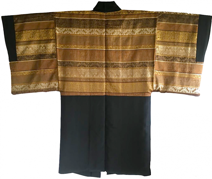 Set Antique Haori & kimono traditionnel japonais soie noire Mitsukashiwa Montsuki homme 