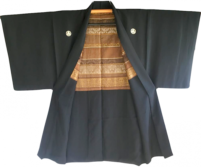 Set Antique Haori & kimono traditionnel japonais soie noire Mitsukashiwa Montsuki homme 