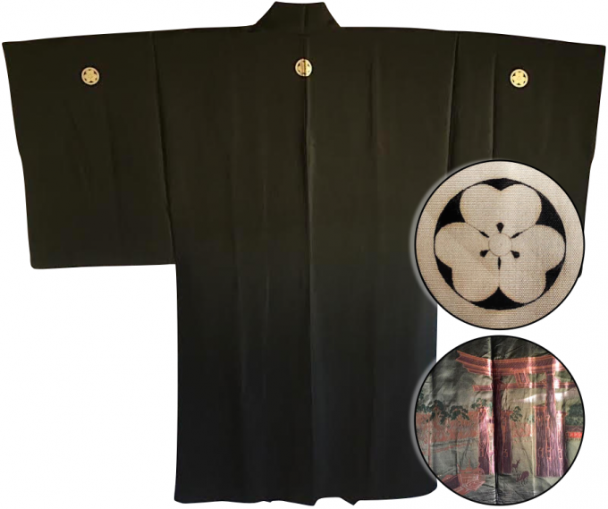 Rare antique kimono haori samourai soie noire kamon katabami Torii miyajima Japon