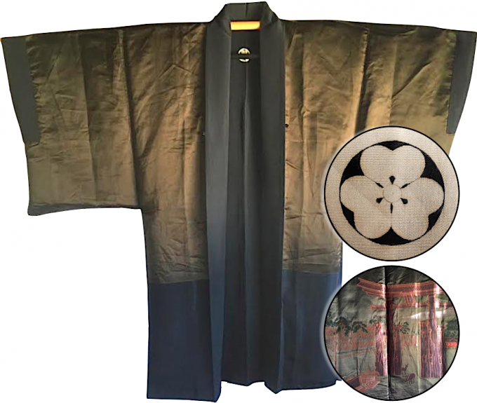 Rare antique kimono haori samourai soie noire kamon katabami Torii miyajima Japon