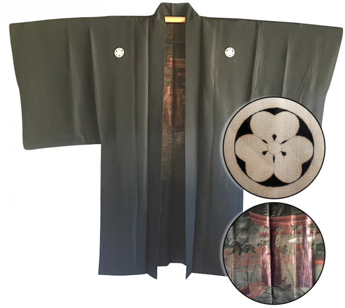 Rare antique kimono haori samourai soie noire kamon katabami Torii miyajima Japon