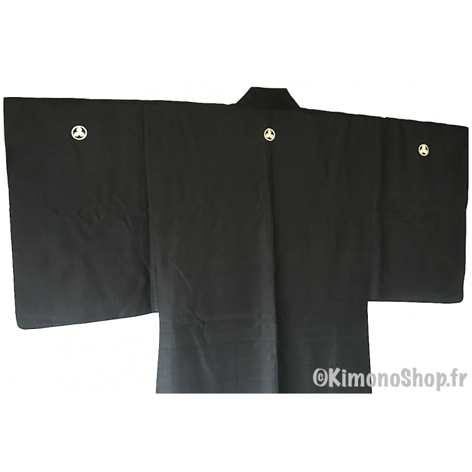 Antique Kimono Haori samourai soie noire Mitsu Kashiwa Montsuki homme "Made in Japan" 