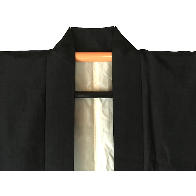 Antique Kimono Haori samourai soie noire Mitsu Kashiwa Montsuki homme "Made in Japan" 