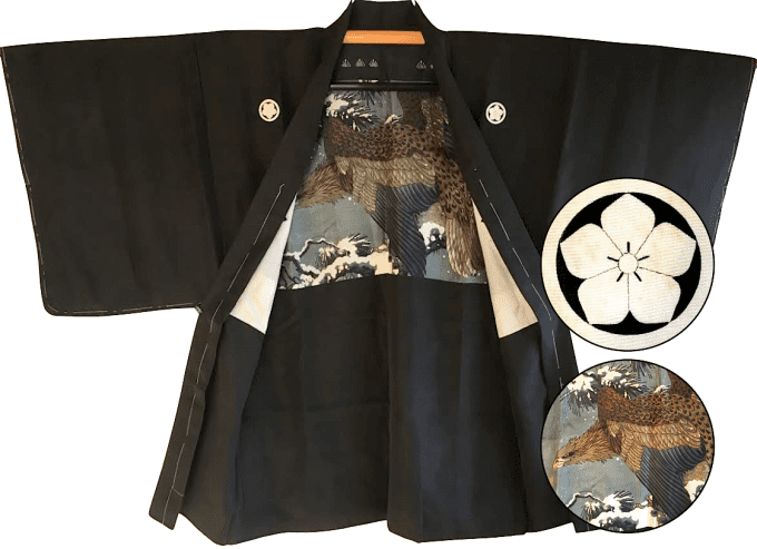 Antique Haori soie noire Maruni Kikyo Montsuki Fuyu no Taka homme 