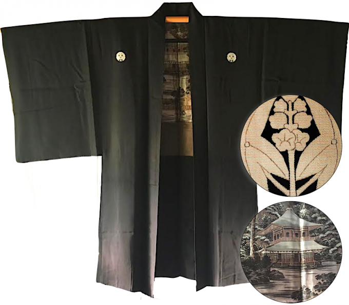 Antique veste kimono haori samourai soie noire kamon temple d'argent Ginkakuji Kyoto homme 