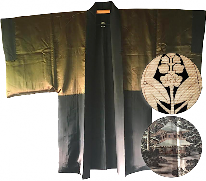 Antique veste kimono haori samourai soie noire kamon temple d'argent Ginkakuji Kyoto homme 