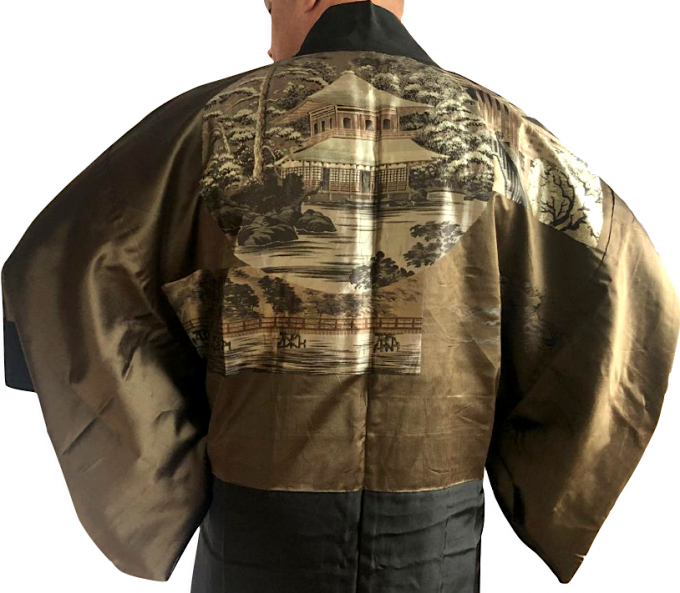 Antique veste kimono haori samourai soie noire kamon temple d'argent Ginkakuji Kyoto homme 