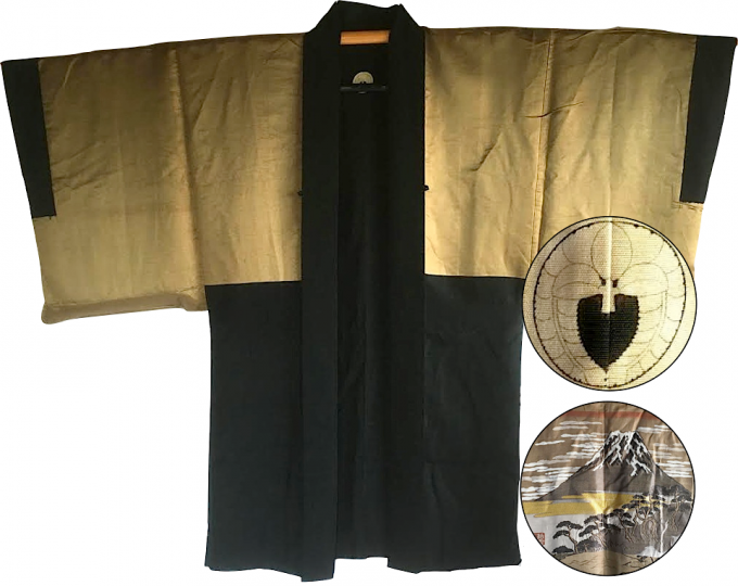 Luxe Antique Kimono Haori soie noire Sagarifuji Montsuki FujiSan Matsu