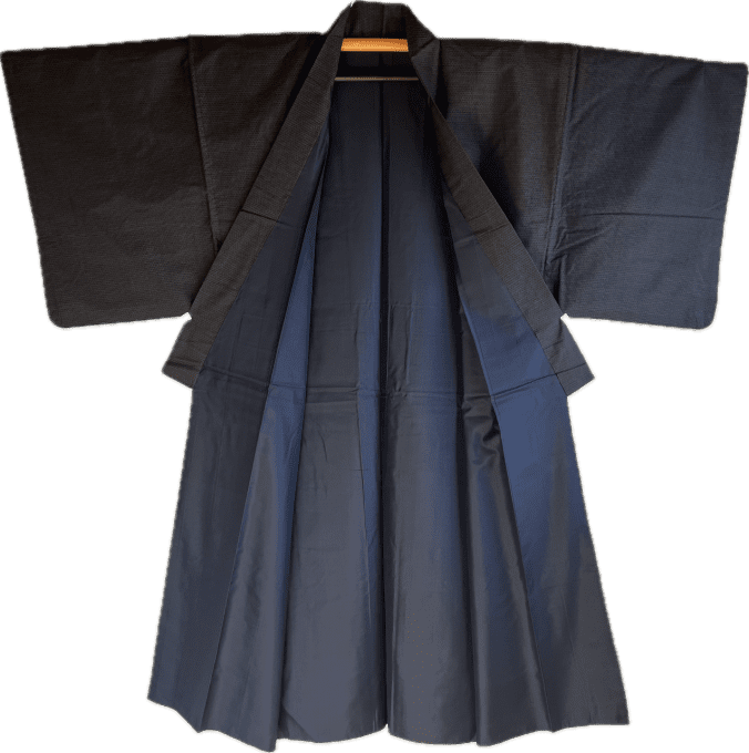 Kimono homme -Soie noire sauvage Tsumugi - 01
