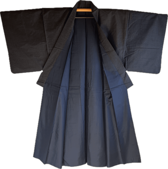 Kimono homme -Soie noire sauvage Tsumugi - 001