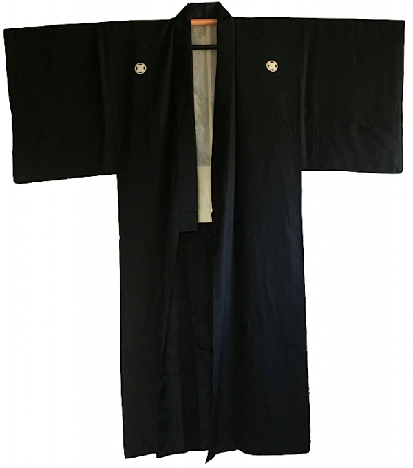 Antique kimono traditionnel japonais soie noire Maruni TakanoHane Montsuki homme  
