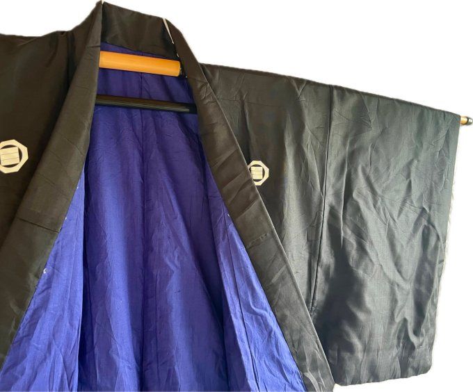 Antique kimono japonais homme soie noire Sumikiri-kaku ni Mitsugi Montsuki