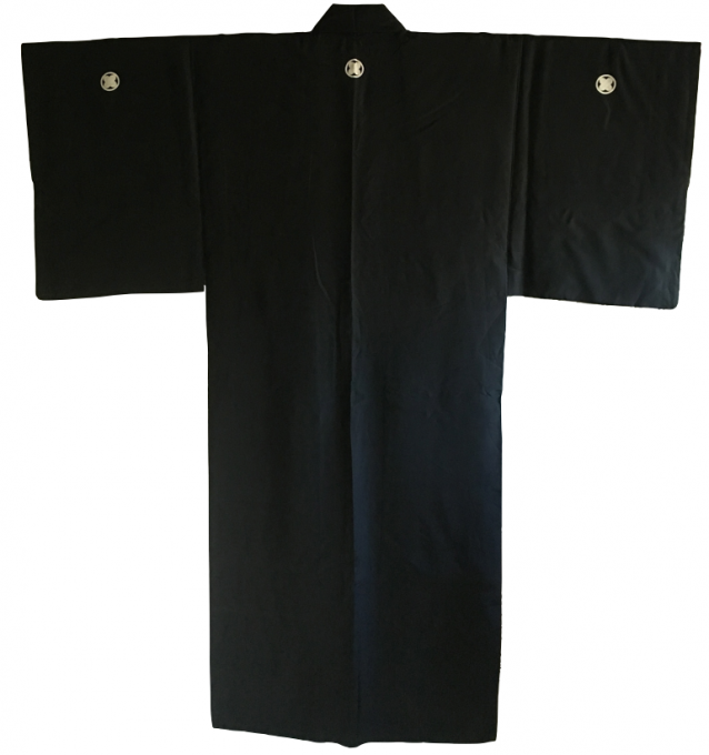 Antique kimono traditionnel japonais soie noire Maruni TakanoHane Montsuki homme  