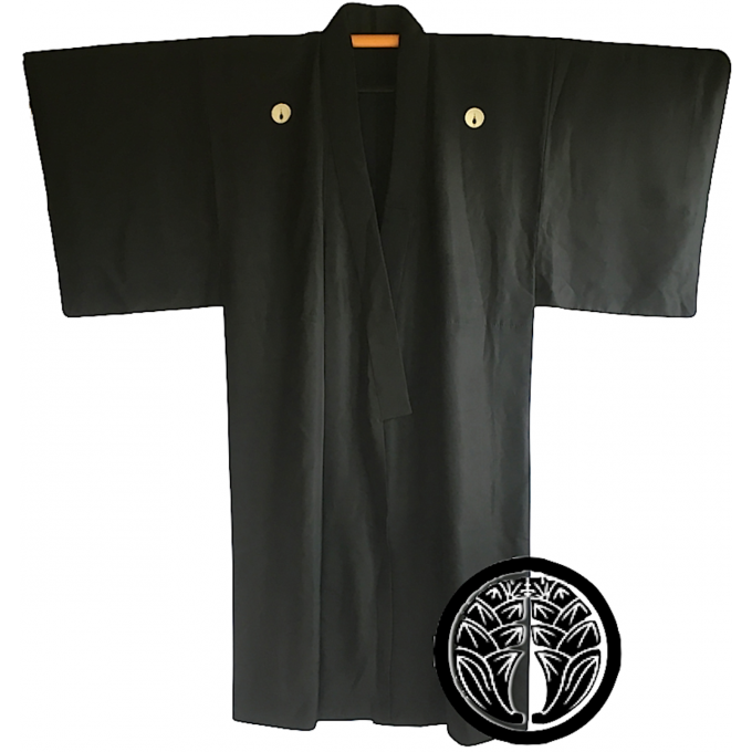 Antique kimono samourai soie noire Maruni Dakimyoga montsuki homme 