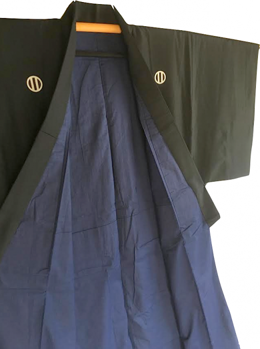 Antique kimono japonais samourai soie noire kamon maruni tate ni biki homme