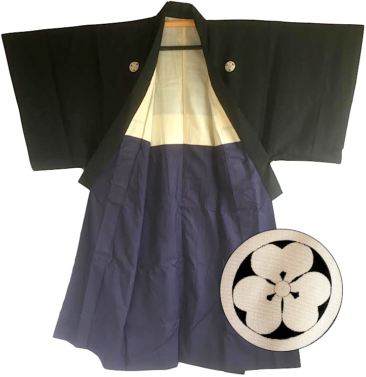 Antique kimono japonais samourai soie noire katabami Montsuki homme 