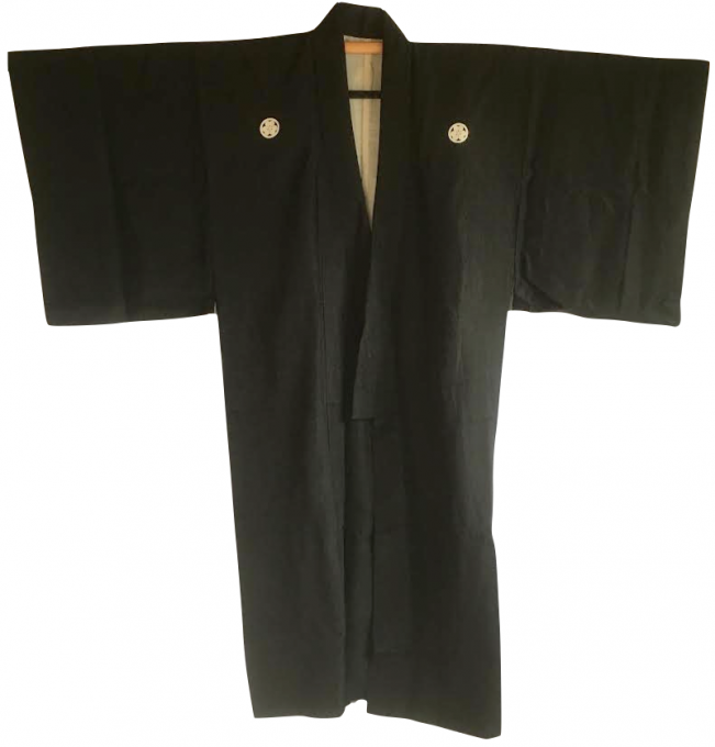 Antique kimono japonais samourai soie noire katabami Montsuki homme 