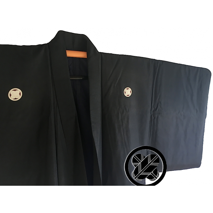 Antique kimono japonais samourai soie noire Maruni TakanoHane Montsuki homme 