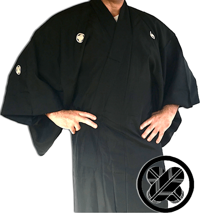 Antique kimono traditionnel japonais soie noire TakanoHane Montsuki homme 004