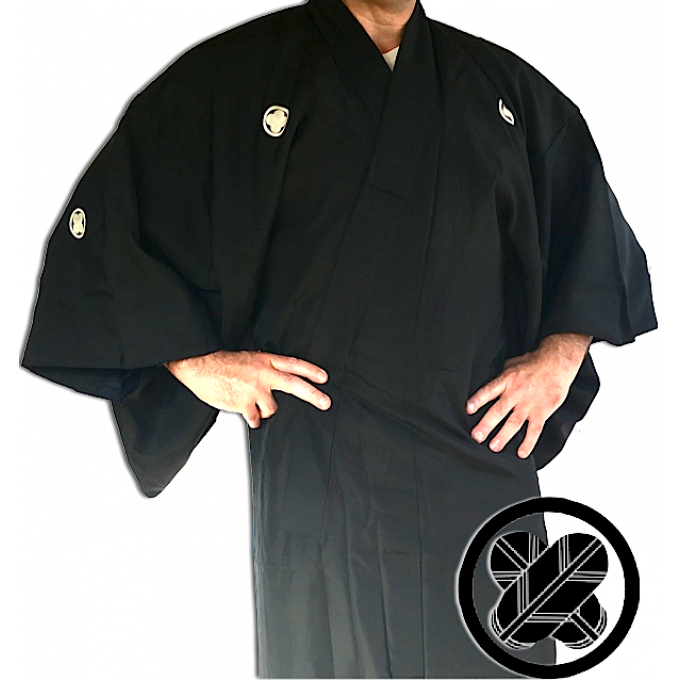 Antique kimono japonais samourai soie noire Maruni TakanoHane Montsuki homme 