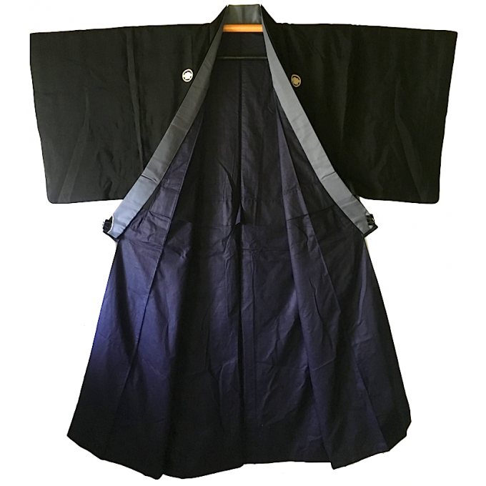 Antique kimono japonais samourai soie noire Maruni Kushimatsu Montsuki homme