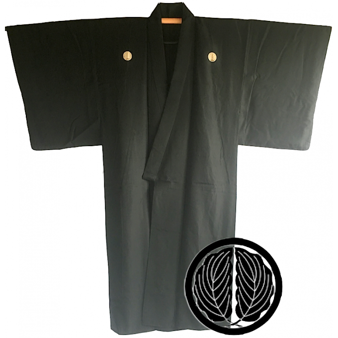 Antique kimono japonais samourai soie noire Maruni Dakigashiwa Montsuki homme 