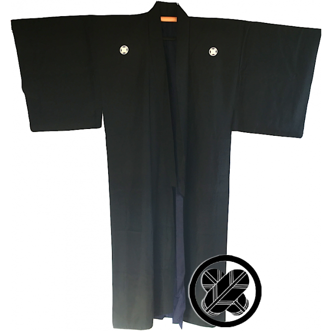 Antique kimono japonais samourai soie noire Maruni TakanoHane Montsuki homme 