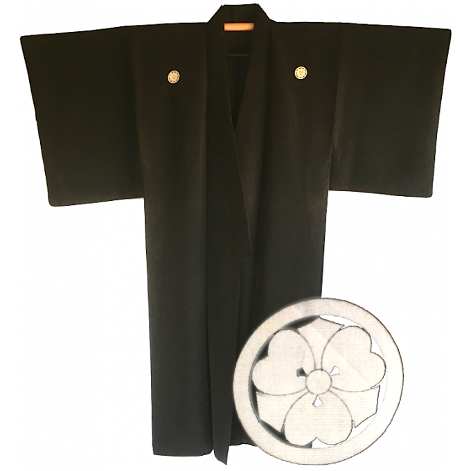Antique kimono japonais samourai soie noire Maruni KenKatabami Montsuki homme "Made in Japan"