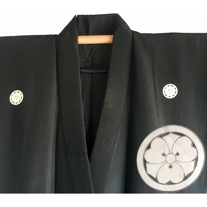 Antique kimono japonais samourai soie noire Maruni KenKatabami Montsuki homme "Made in Japan"