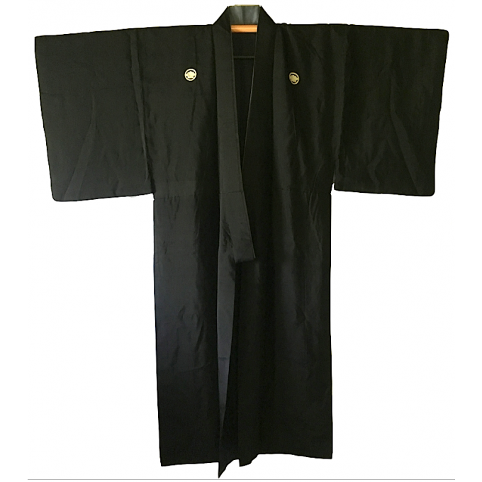 Antique kimono japonais samourai soie noire Maruni Kushimatsu Montsuki homme