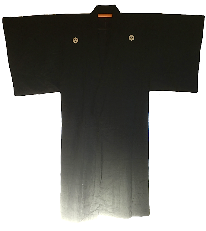 Antique kimono japonais samourai soie noire MitsuKashiwa Montsuki hiver homme