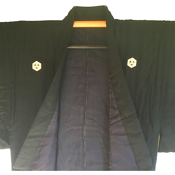 Antique kimono japonais samourai soie noire MitsuKashiwa Montsuki hiver homme