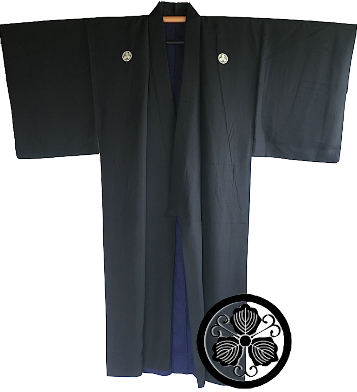 Antique kimono japonais samourai Iaido Kenjutsu soie noire Maruni Tsuru Kashiwa Montsuki homme