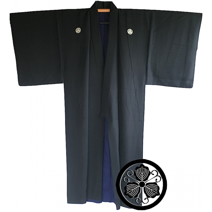 Antique kimono japonais samourai Iaido Kenjutsu soie noire Maruni Tsuru Kashiwa Montsuki homme