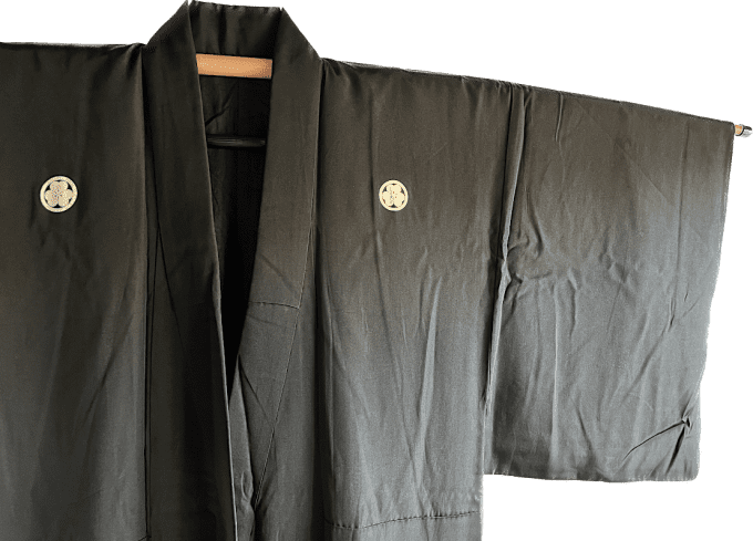 Antique kimono traditionnel japonais soie noire Katabami Montsuki homme 