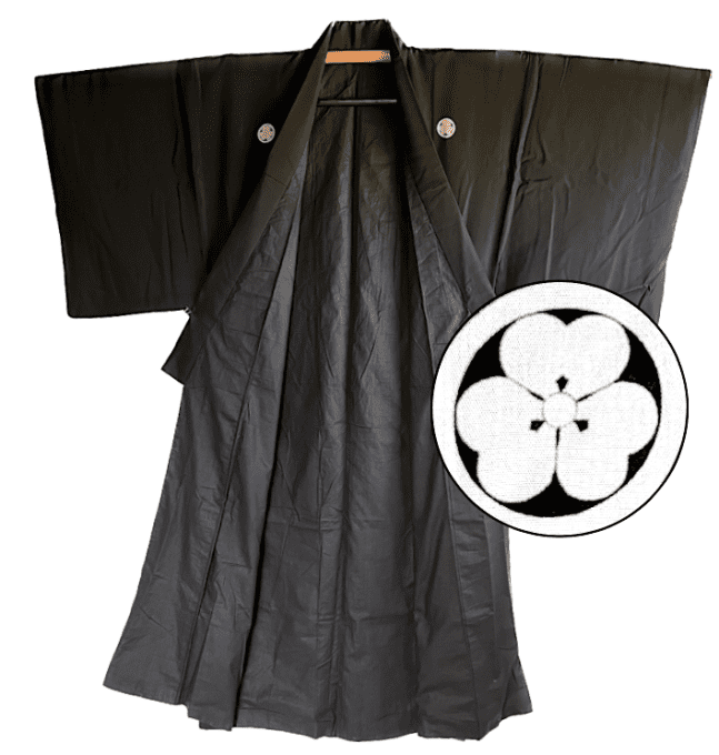 Antique kimono traditionnel japonais soie noire Katabami Montsuki homme 