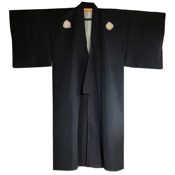 Kimono japonais samourai soie noire Maru Ni Kyu Mai Sasa Montsuki homme