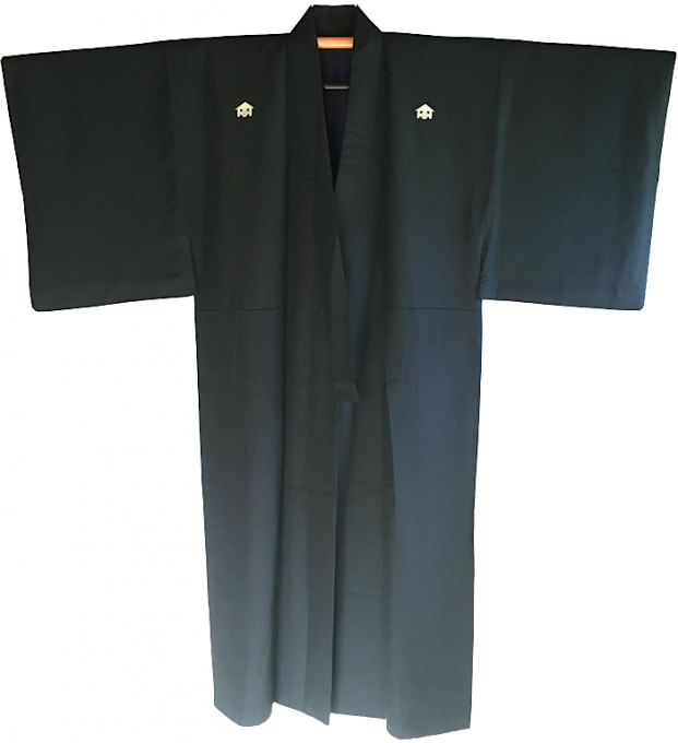 Antique kimono traditionnel japonais samourai soie noire Kamon Uchida Mokkou homme Made in Japan