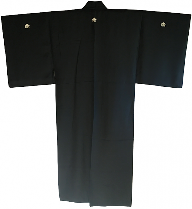 Antique kimono traditionnel japonais samourai soie noire Kamon Uchida Mokkou homme Made in Japan