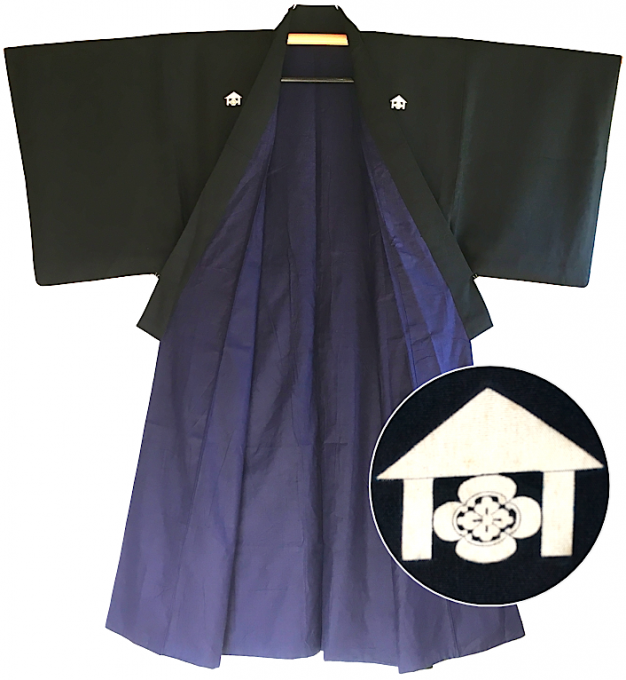 Antique kimono traditionnel japonais samourai soie noire Kamon Uchida Mokkou homme Made in Japan