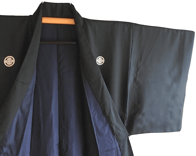 Antique kimono traditionnel japonais samourai soie noire Mokkou Montsuki homme 03