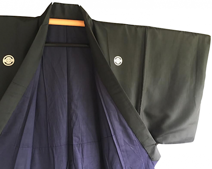 Antique kimono traditionnel japonais samourai soie noire Nobunaga Mokkou Montsuki homme 