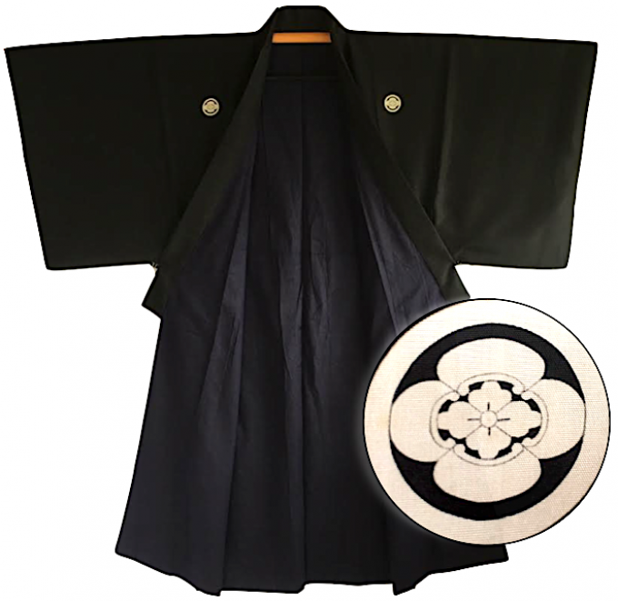 Antique kimono traditionnel japonais samourai soie noire Nobunaga Mokkou Montsuki homme 