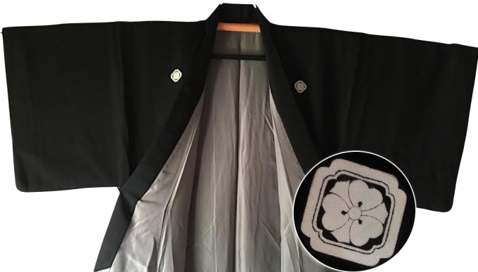 Antique kimono traditionnel japonais soie noire Kamon KenKatabami homme "Made in Japan" 