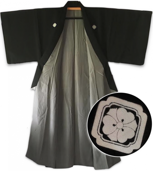 Antique kimono traditionnel japonais soie noire Kamon KenKatabami homme "Made in Japan" 