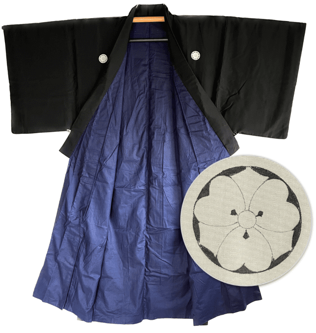 Antique kimono traditionnel japonais soie noire Kenkatabami Montsuki homme 002