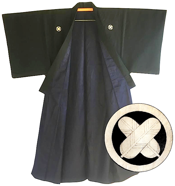 Antique kimono traditionnel japonais soie noire Maruni TakanoHane Montsuki homme 