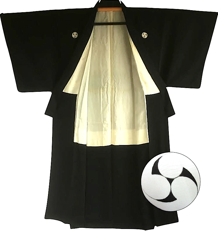 Antique kimono traditionnel japonais soie noire Mitsu Tomoe Montsuki homme Made in Japan  