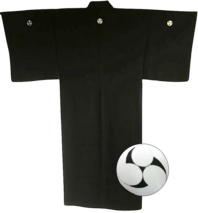 Antique kimono traditionnel japonais soie noire Mitsu Tomoe Montsuki homme Made in Japan  