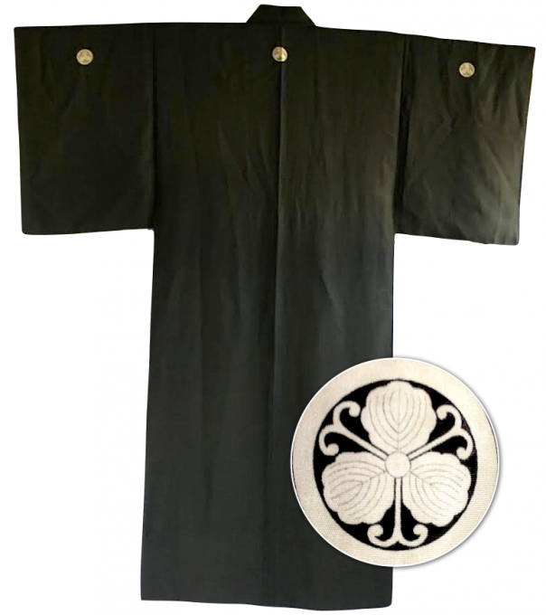 Antique kimono traditionnel japonais soie noire Mitsukashiwa Montsuki homme  - Fait au Japon